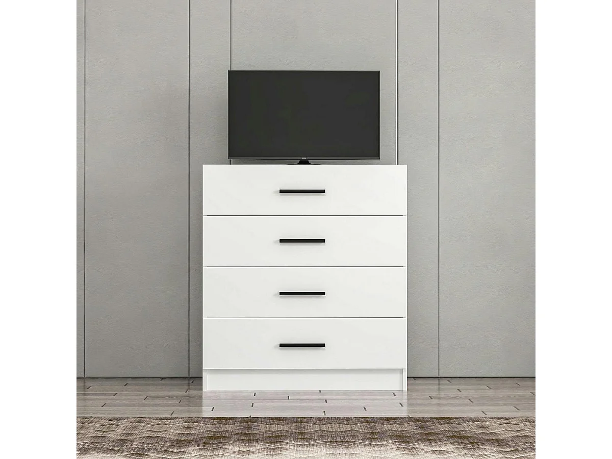 Commode chambre blanche 4 tiroirs, poignées baguettes MARFA