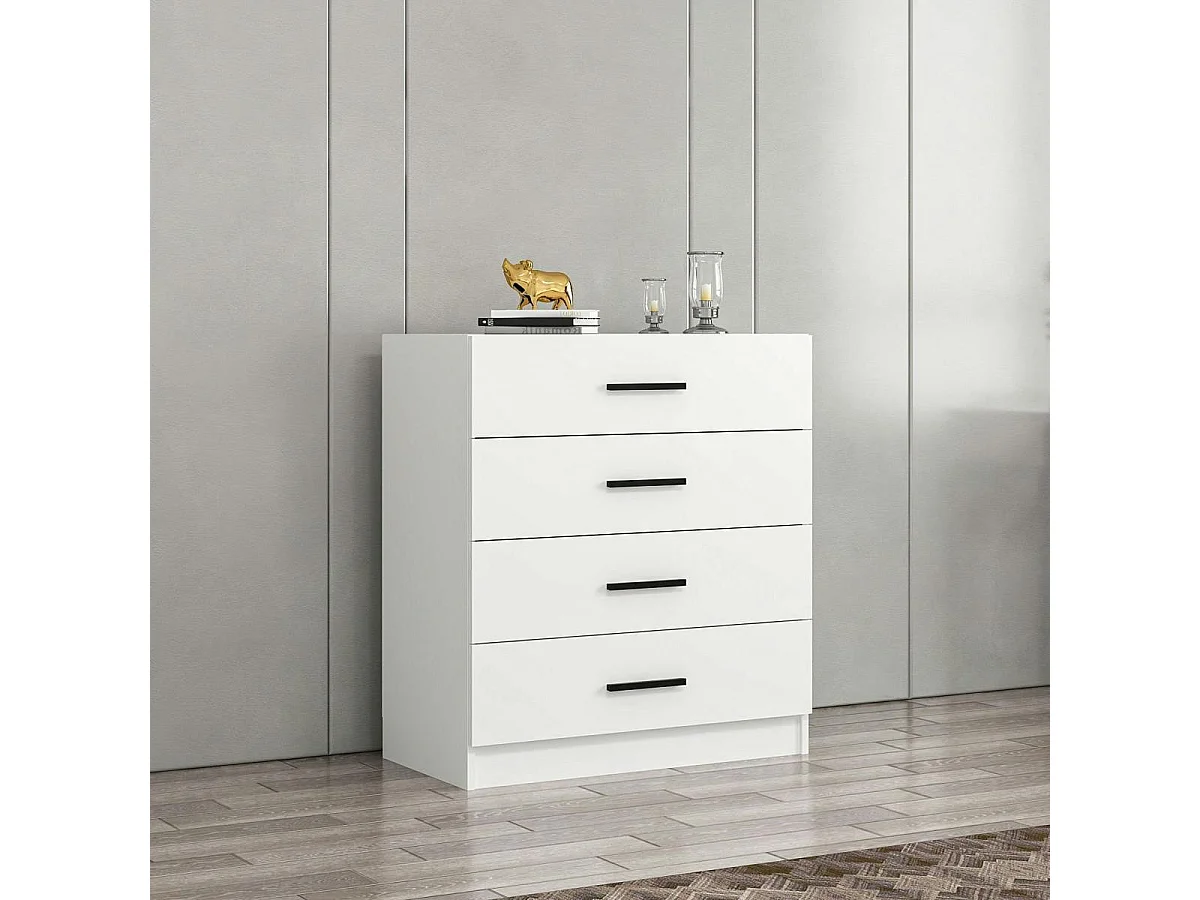 Commode chambre blanche 4 tiroirs, poignées baguettes MARFA