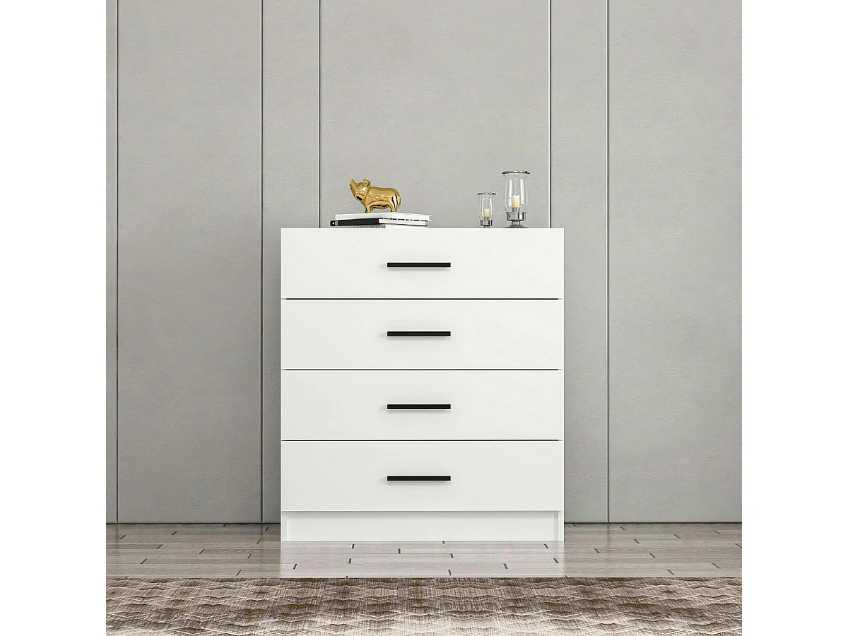 Commode chambre blanche 4 tiroirs, poignées baguettes MARFA