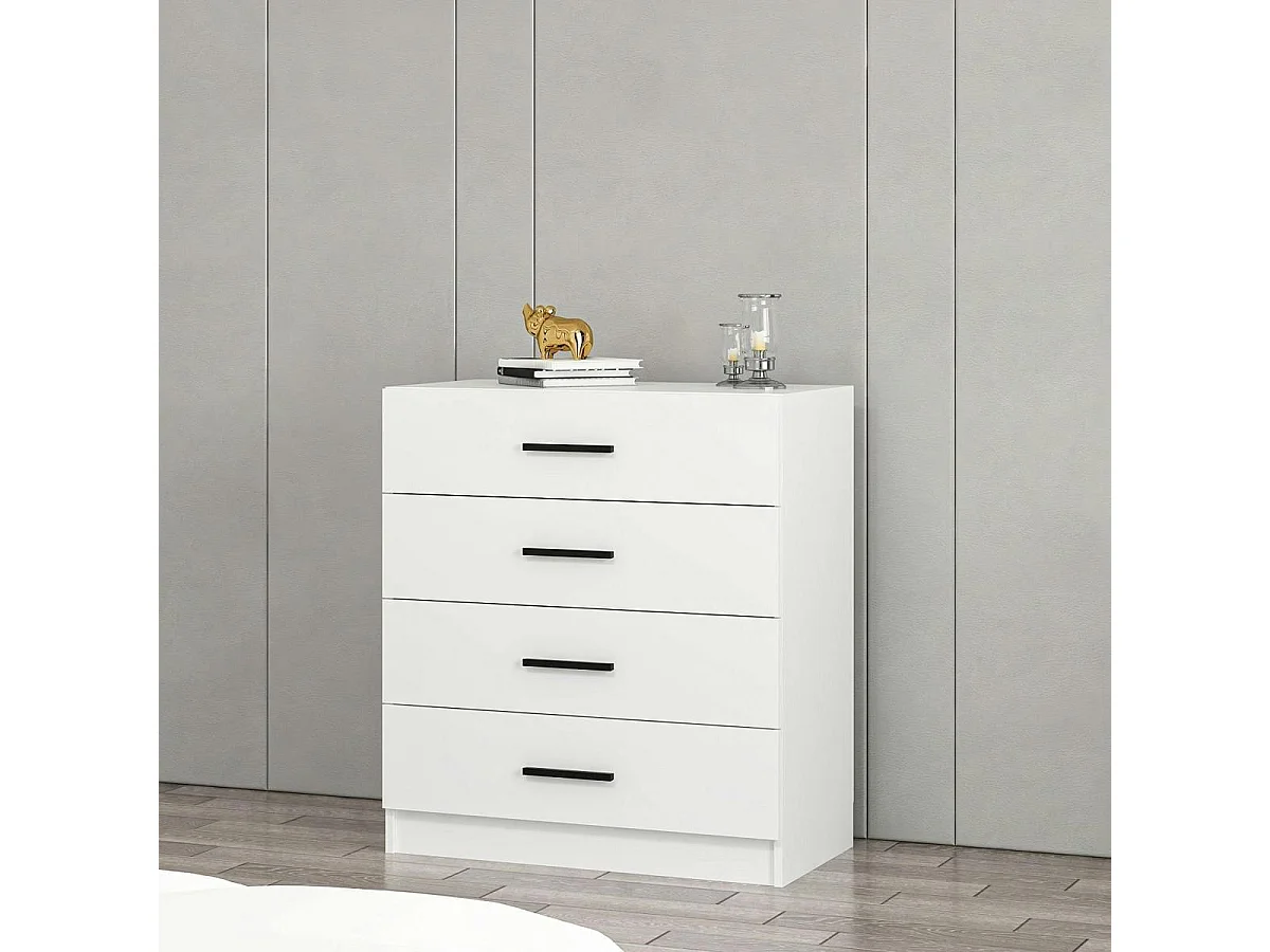 Commode chambre blanche 4 tiroirs, poignées baguettes MARFA