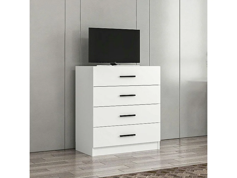 Commode chambre blanche 4 tiroirs, poignées baguettes MARFA