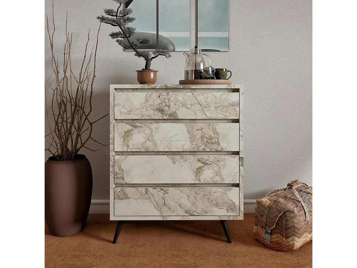 Commode moderne 4 tiroirs effet marbre, pieds noirs MARFA