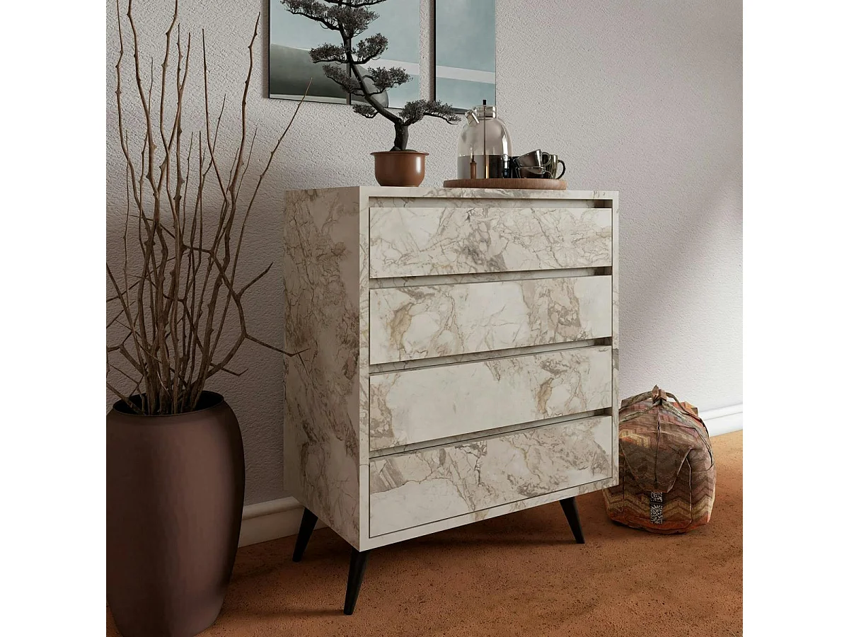 Commode moderne 4 tiroirs effet marbre, pieds noirs MARFA