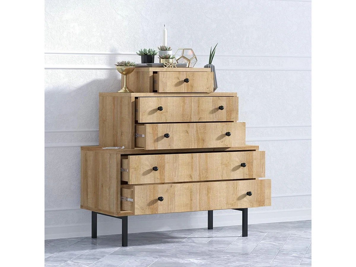 Commode 5 tiroirs effet bois, design en pyramide JENA
