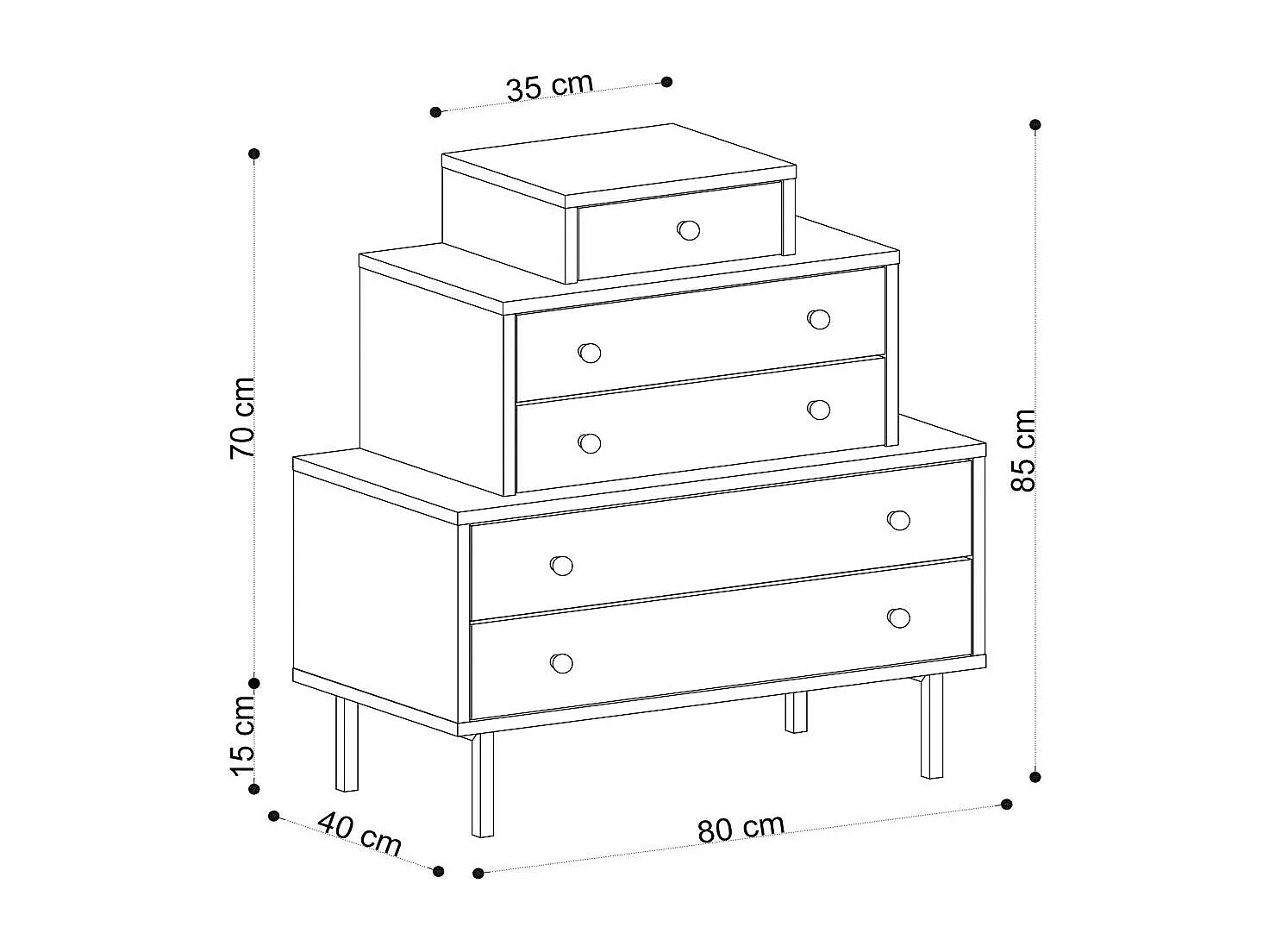 Commode 5 tiroirs effet bois, design en pyramide JENA