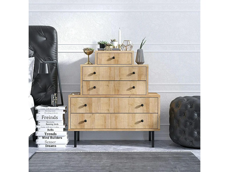 Commode 5 tiroirs effet bois, design en pyramide JENA