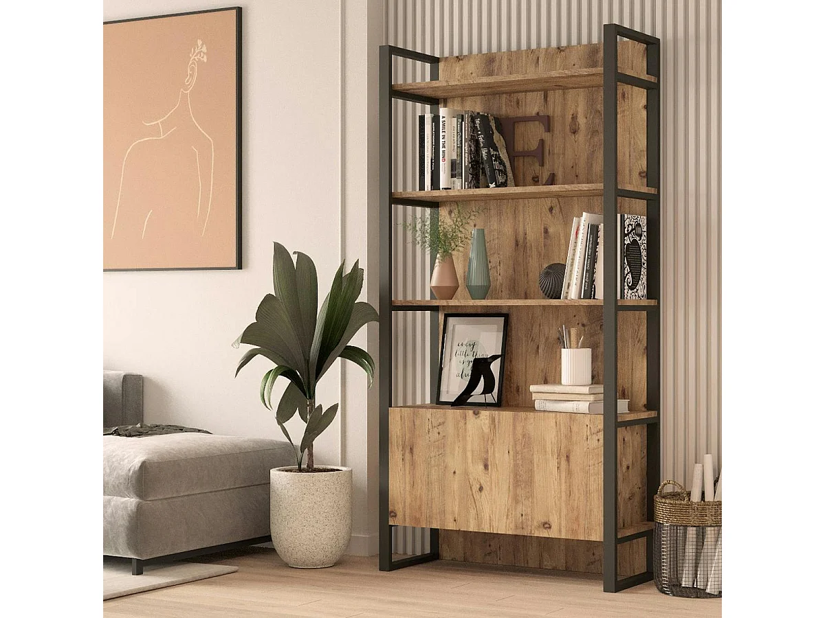 Bibliothèque de salon effet bois, 1 niche fermée JENA