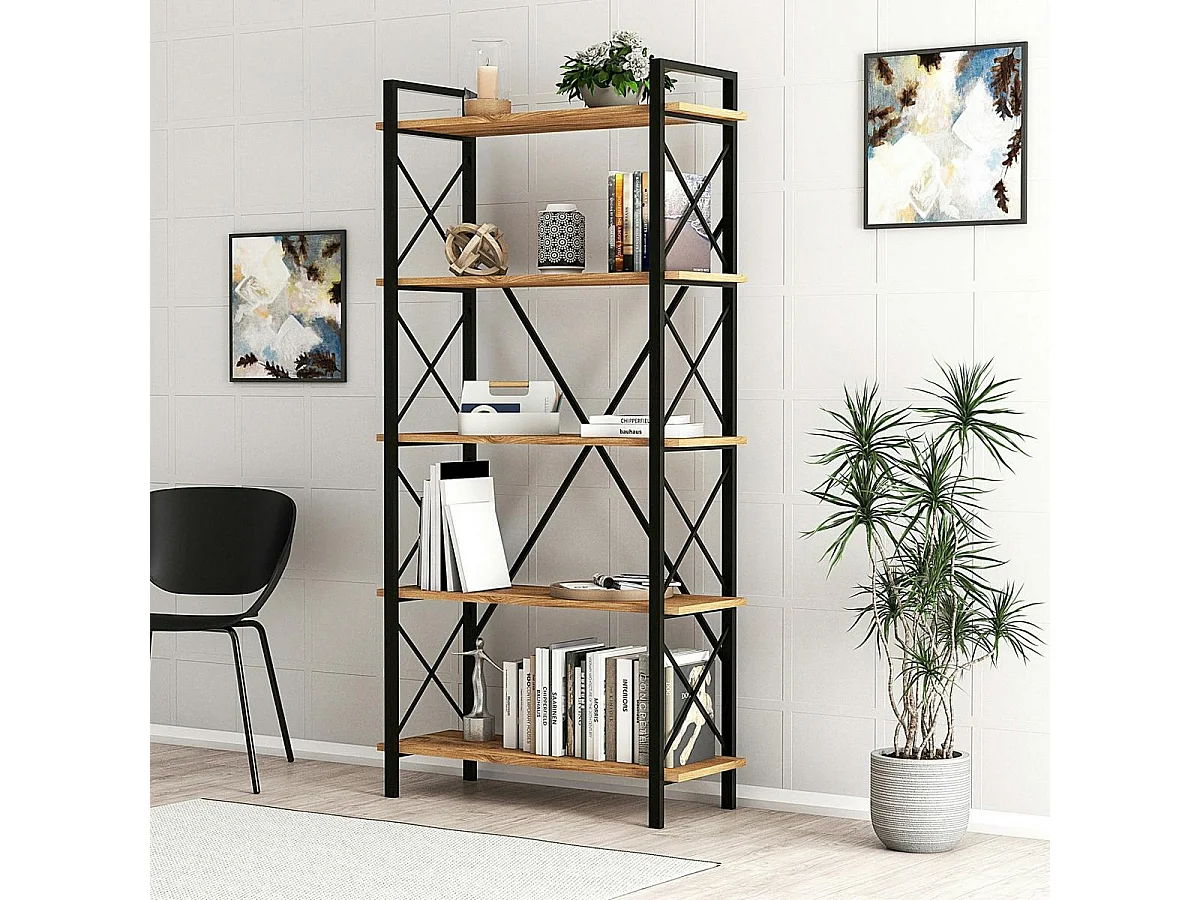 Bibliothèque industrielle à dos croisé, 5 plateaux JENA