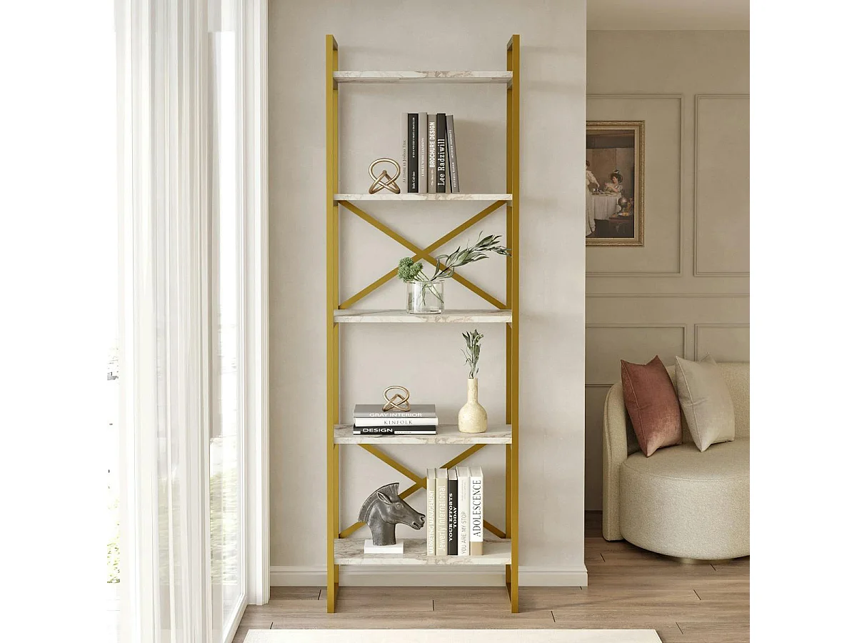 Bibliothèque étroite effet marbre blanc montants dorés JENA