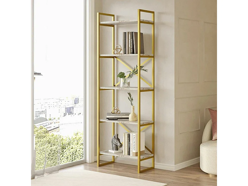 Bibliothèque étroite effet marbre blanc montants dorés JENA