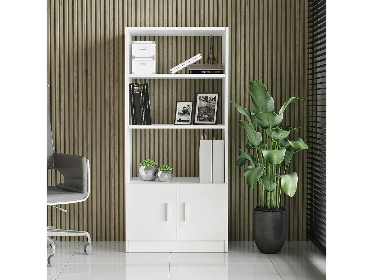 Bibliothèque blanche à rangement bas et poignées métal MARFA