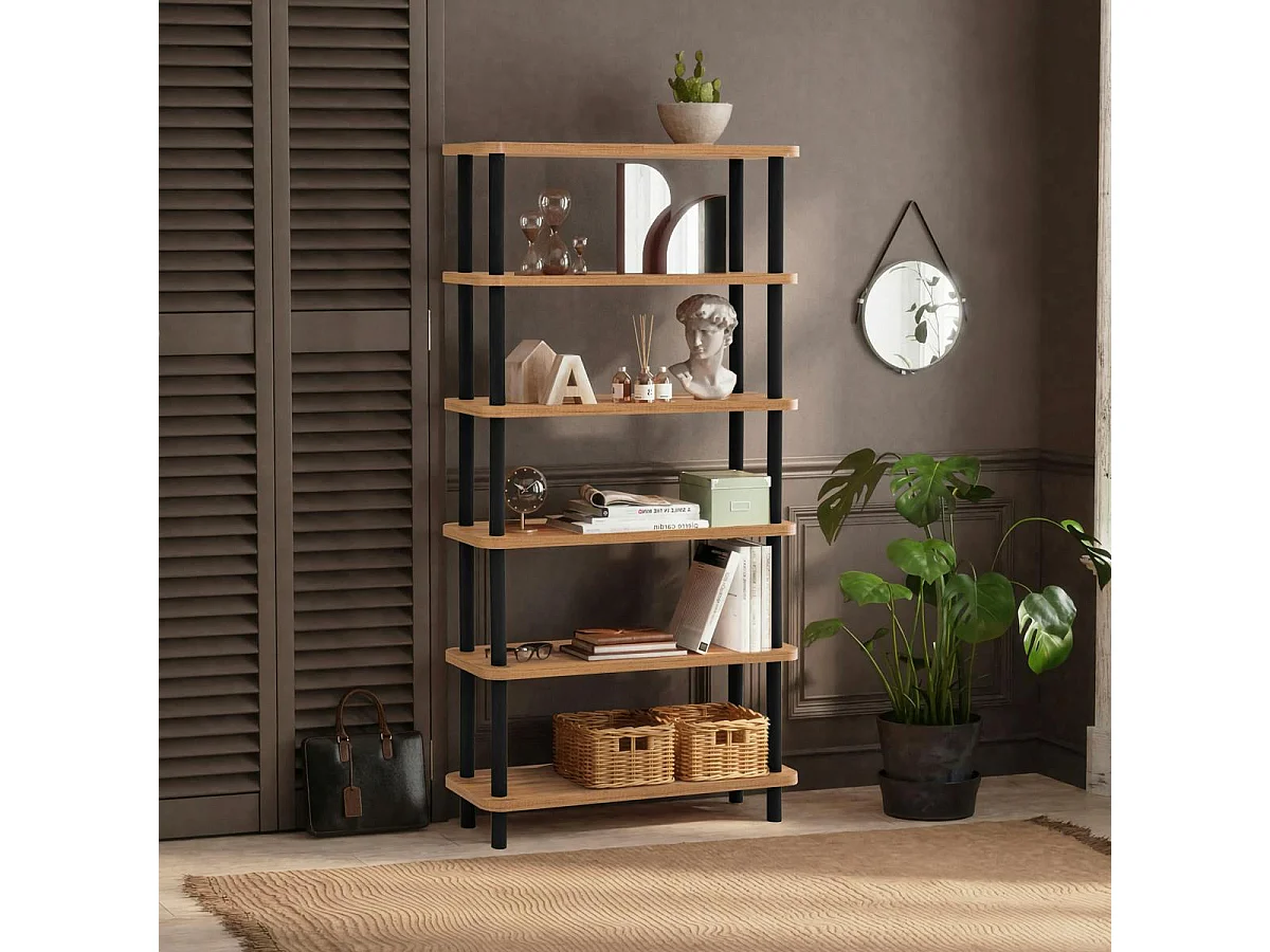 Bibliothèque moderne ouverte effet bois et métal noir MARFA