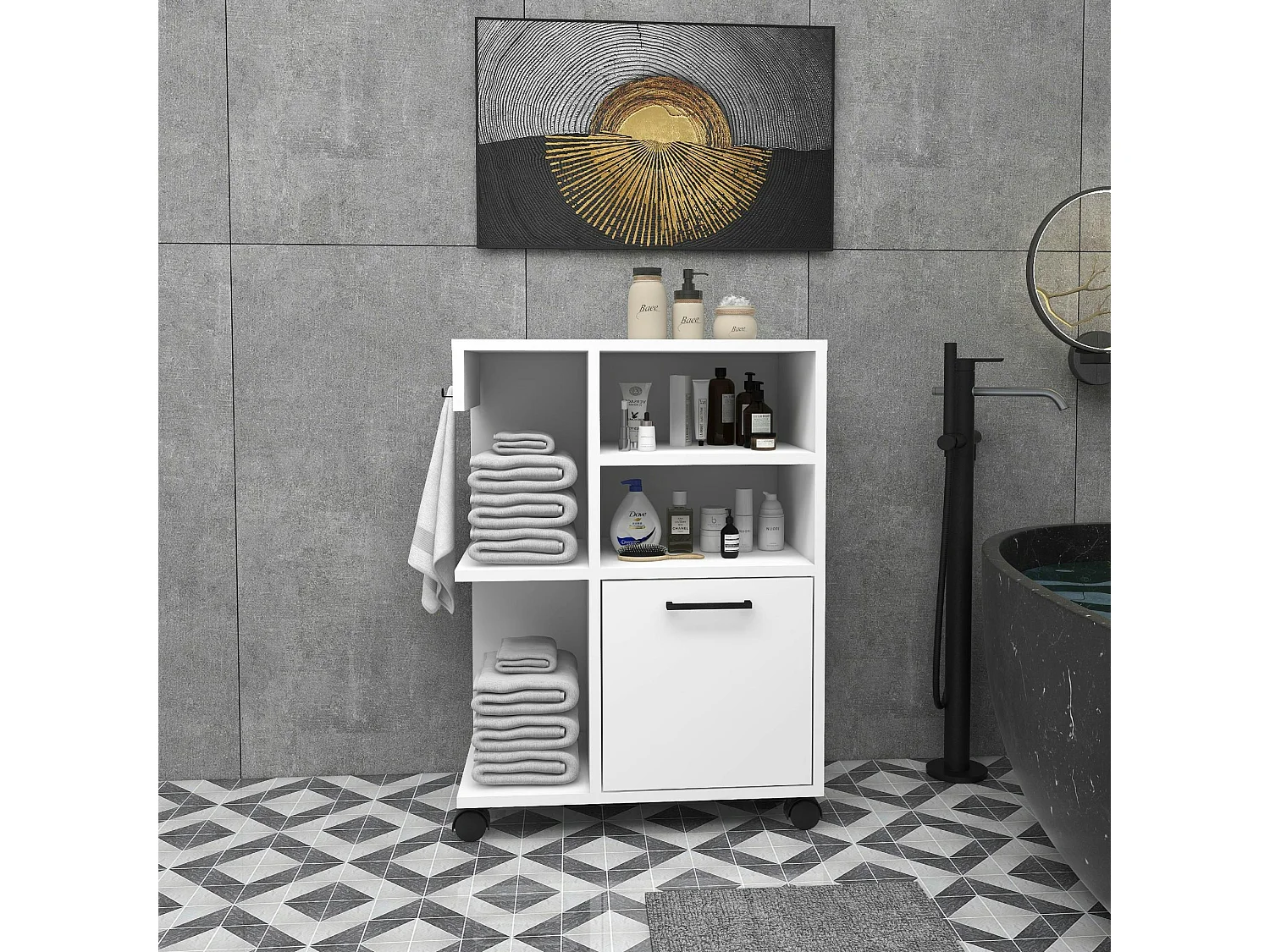 Meuble de rangement blanc sur roulettes, 2 patères MARFA