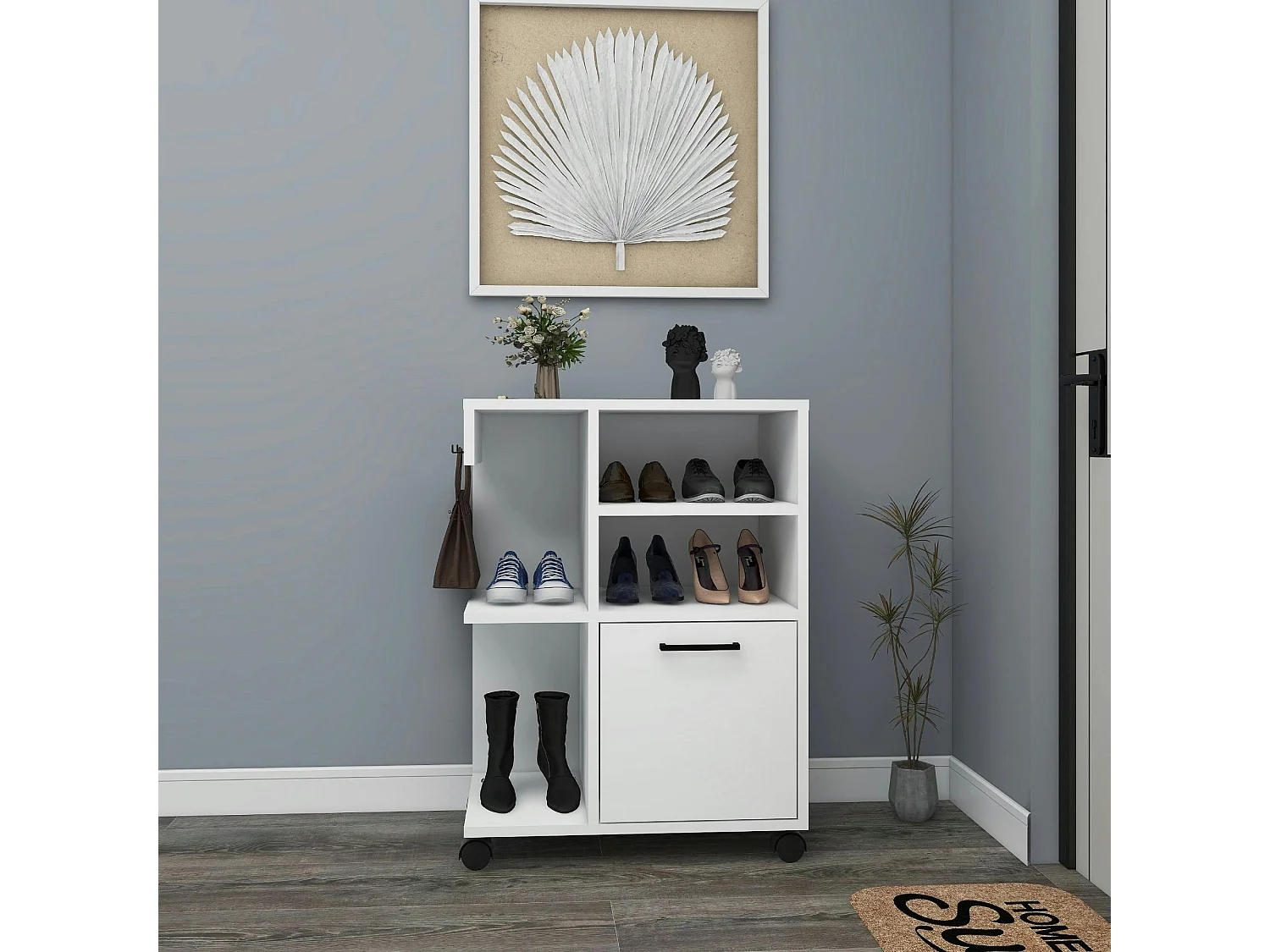 Meuble de rangement blanc sur roulettes, 2 patères MARFA