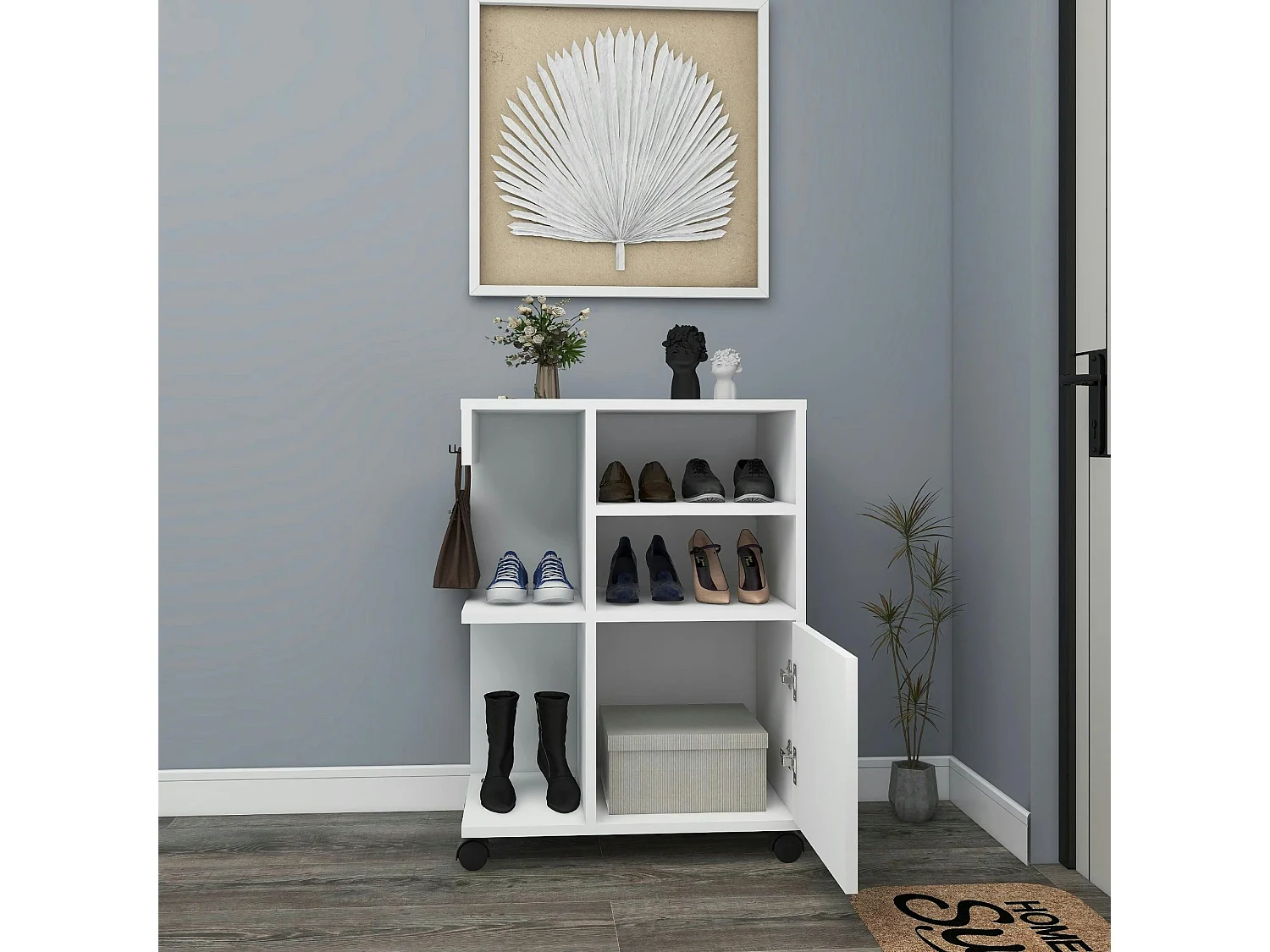 Meuble de rangement blanc sur roulettes, 2 patères MARFA