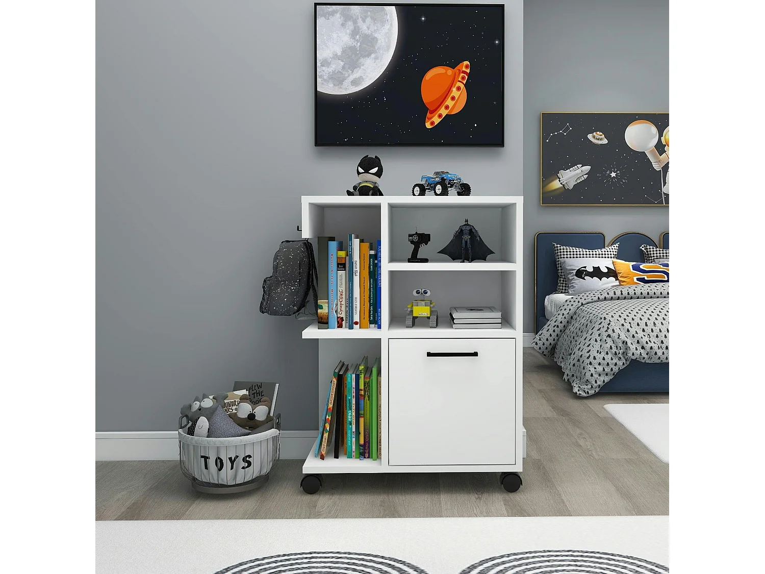 Meuble de rangement blanc sur roulettes, 2 patères MARFA