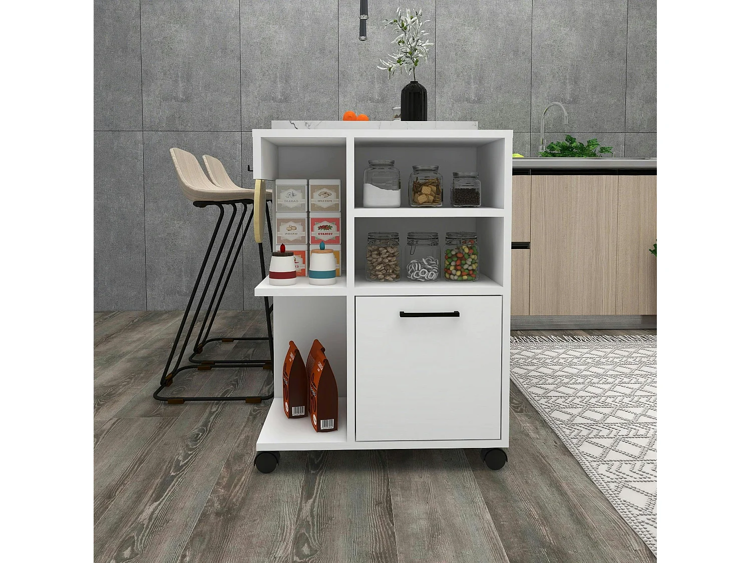 Meuble de rangement blanc sur roulettes, 2 patères MARFA