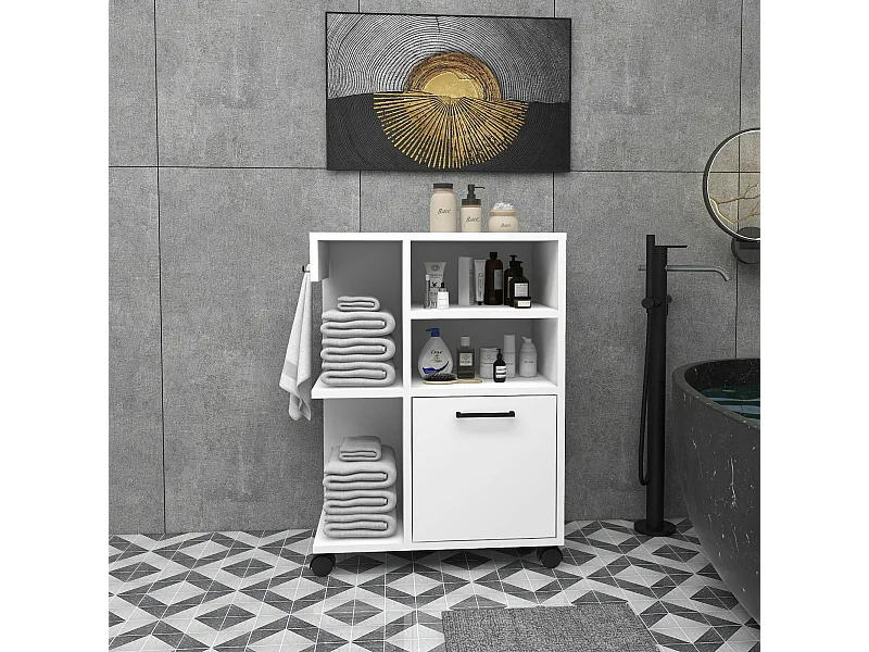 Meuble de rangement blanc sur roulettes, 2 patères MARFA