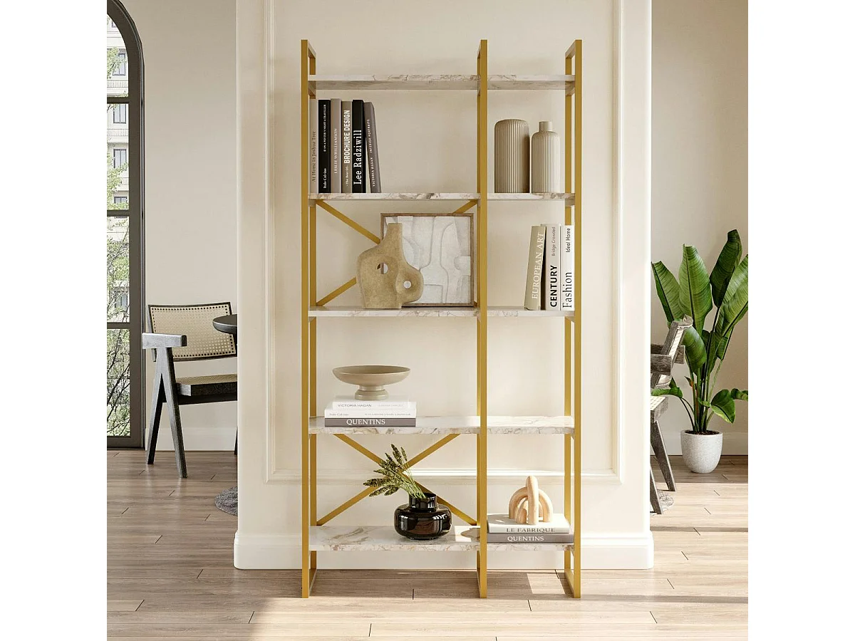 Bibliothèque salon chic effet marbre blanc et métal doré JENA