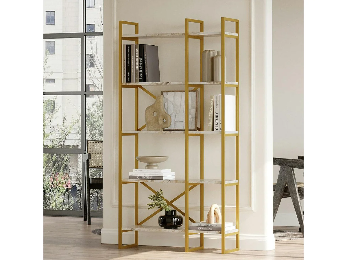 Bibliothèque salon chic effet marbre blanc et métal doré JENA