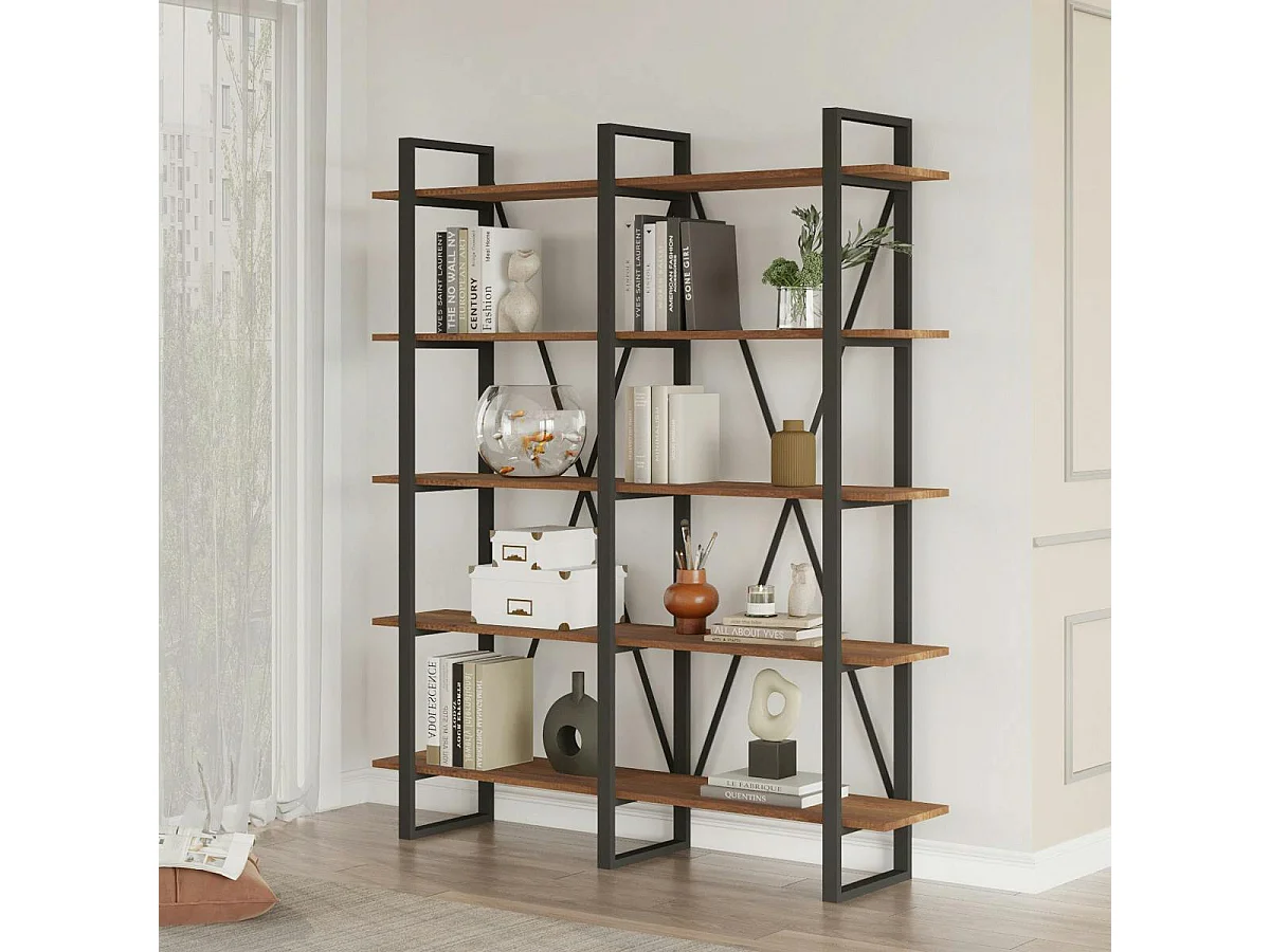 Bibliothèque industrielle effet bois foncé, dos croisé JENA