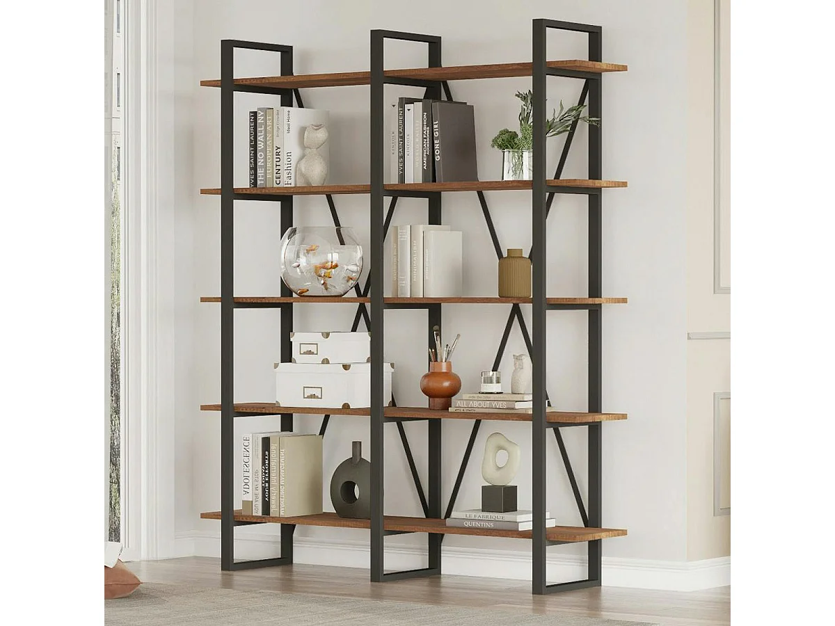Bibliothèque industrielle effet bois foncé, dos croisé JENA