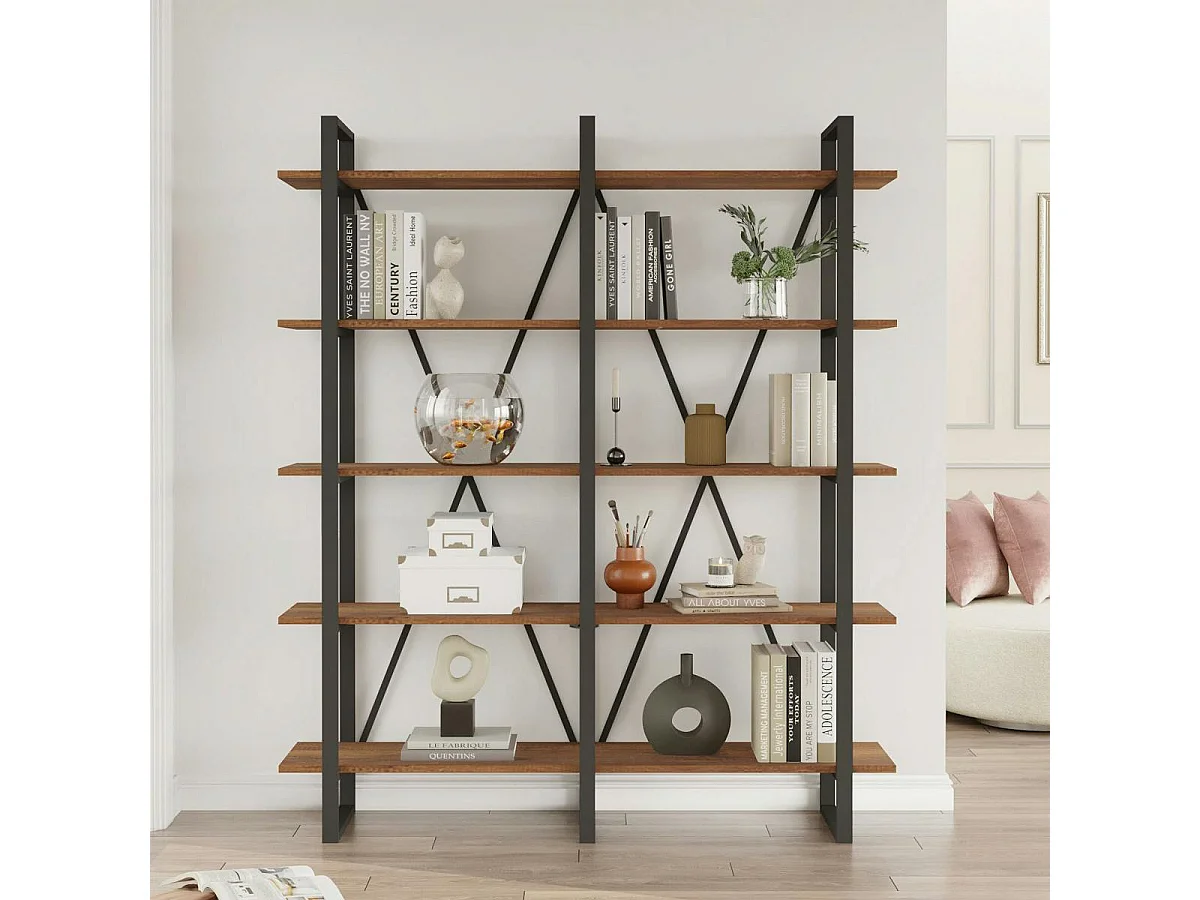 Bibliothèque industrielle effet bois foncé, dos croisé JENA