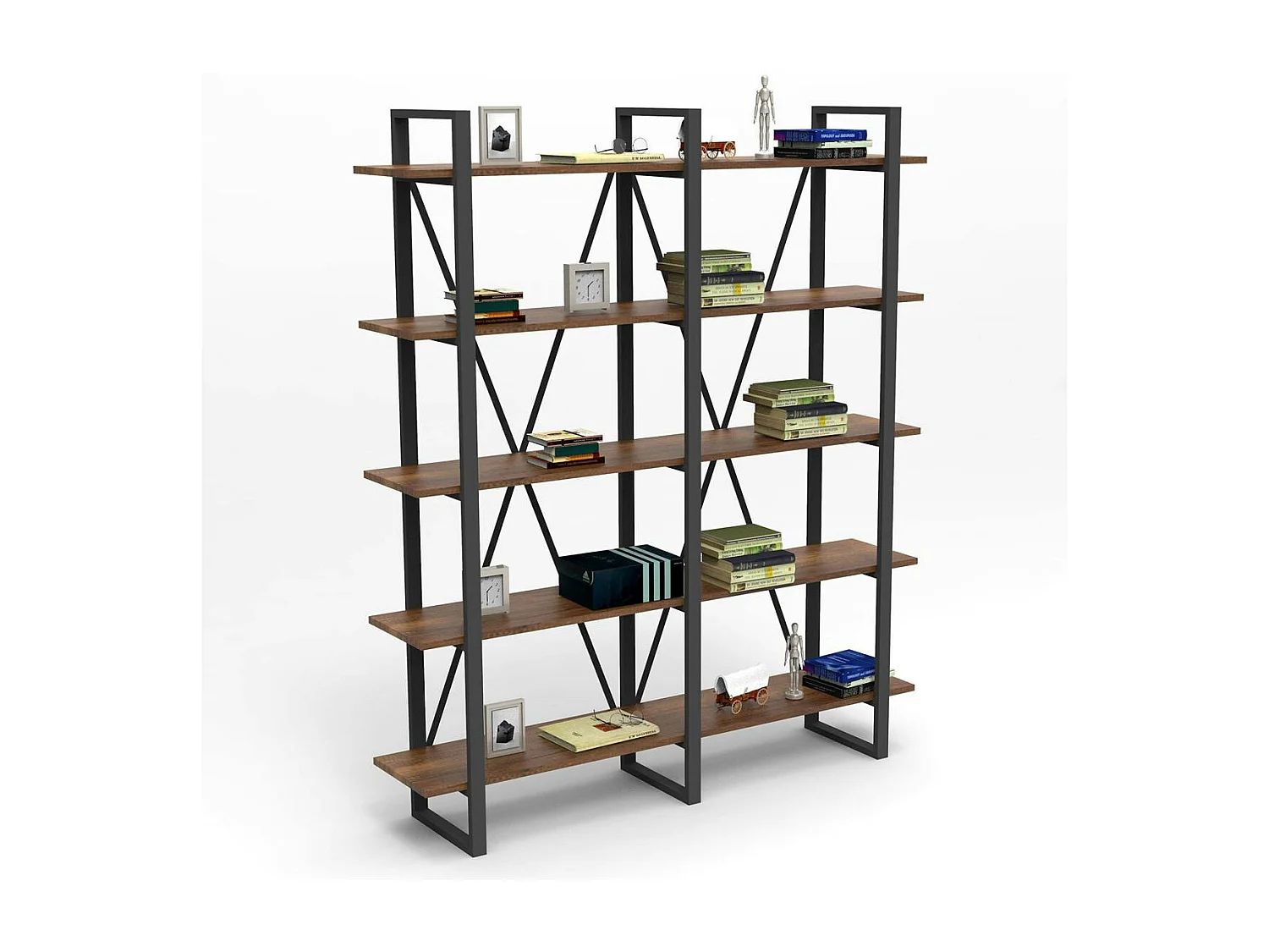 Bibliothèque industrielle effet bois foncé, dos croisé JENA