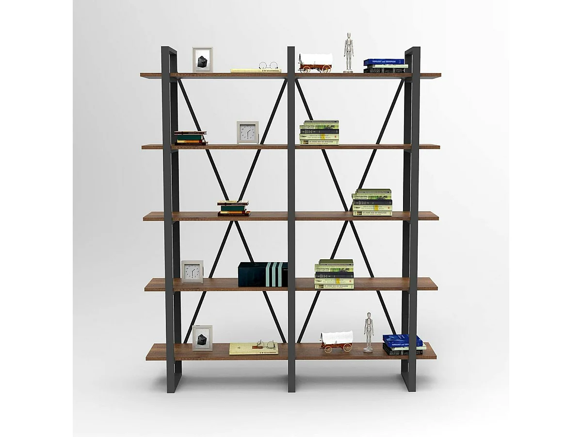 Bibliothèque industrielle effet bois foncé, dos croisé JENA