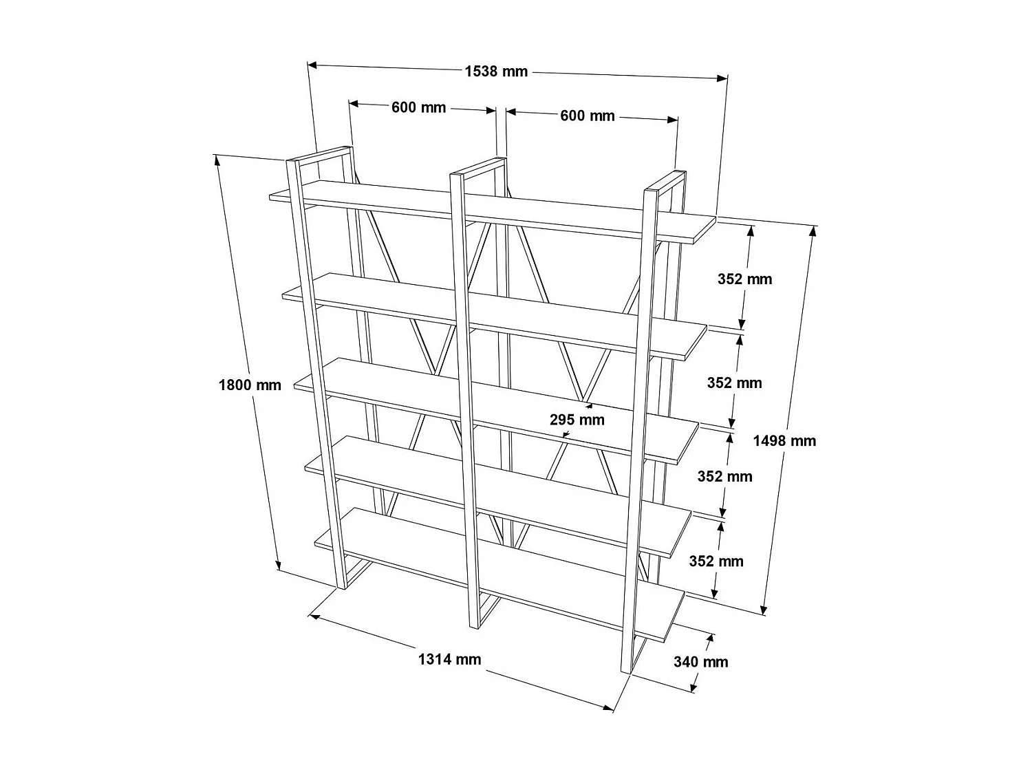 Bibliothèque industrielle effet bois foncé, dos croisé JENA