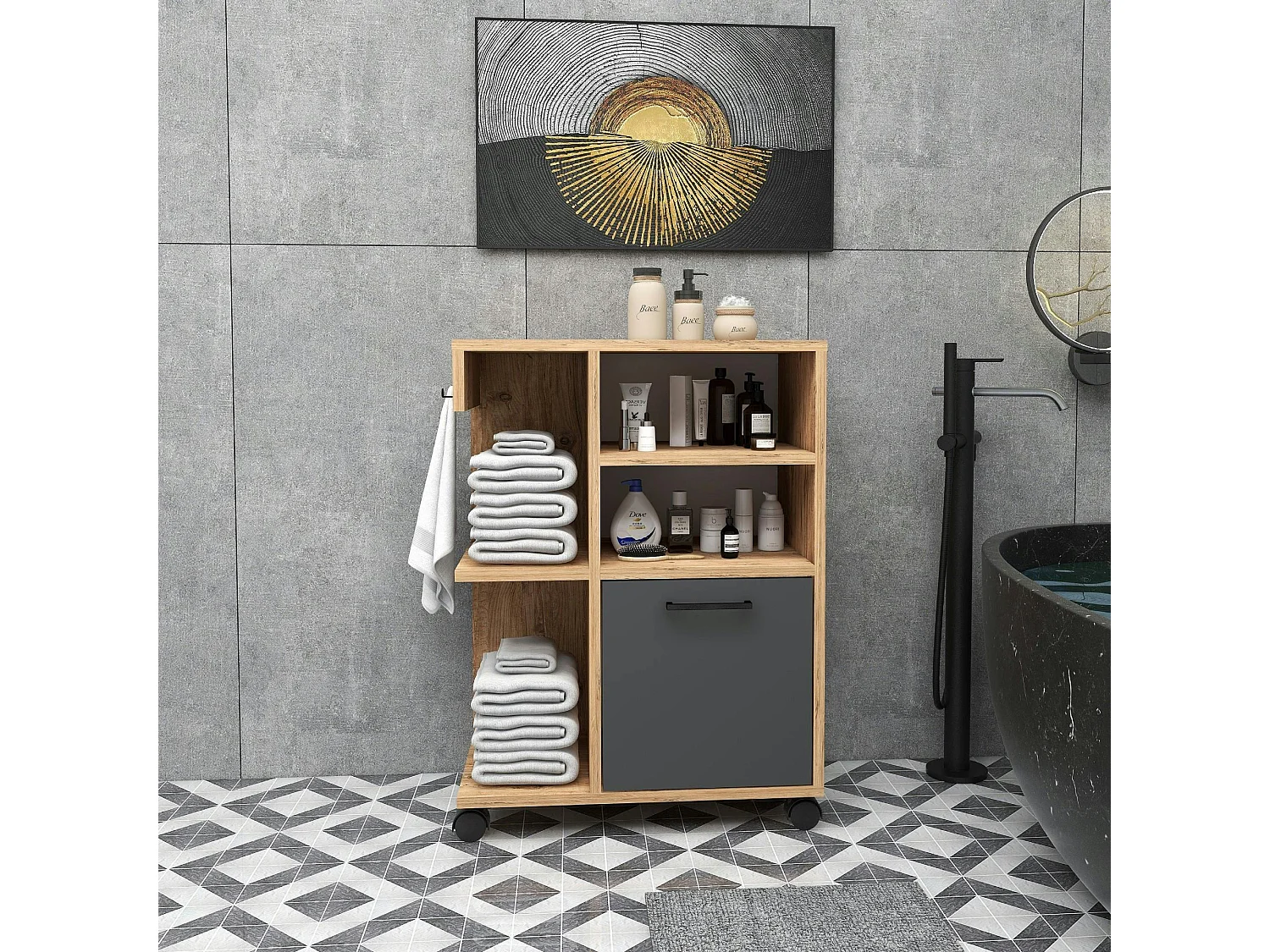 Meuble de rangement sur roulettes effet bois de pin MARFA