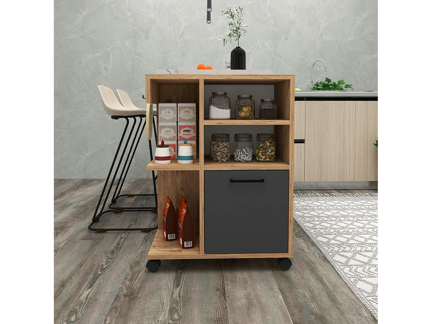 Meuble de rangement sur roulettes effet bois de pin MARFA