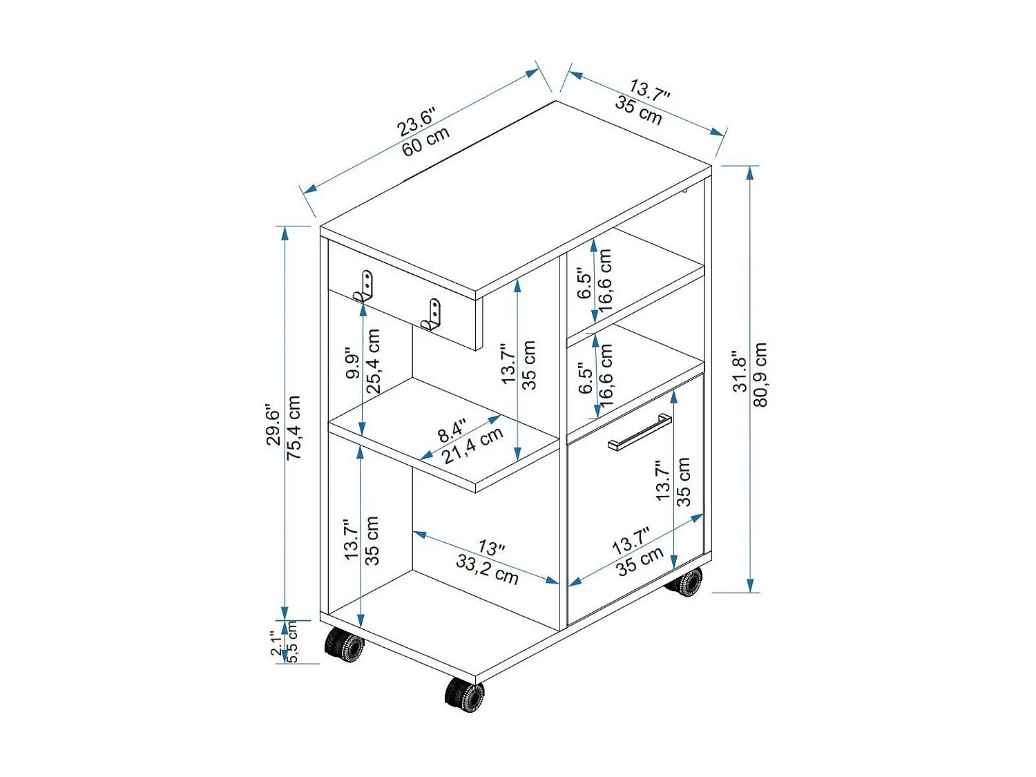 Meuble de rangement sur roulettes effet bois de pin MARFA