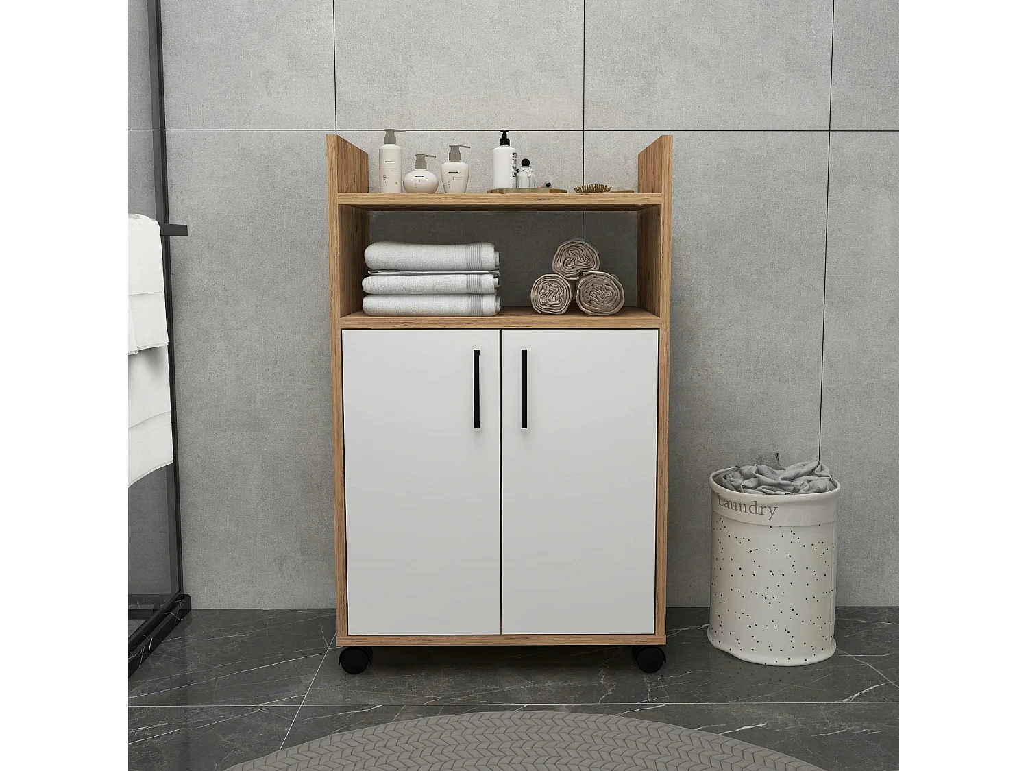 Meuble de rangement sur roulettes 2 portes blanches MARFA