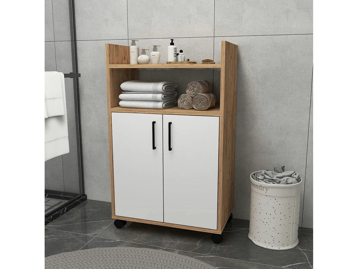 Meuble de rangement sur roulettes 2 portes blanches MARFA