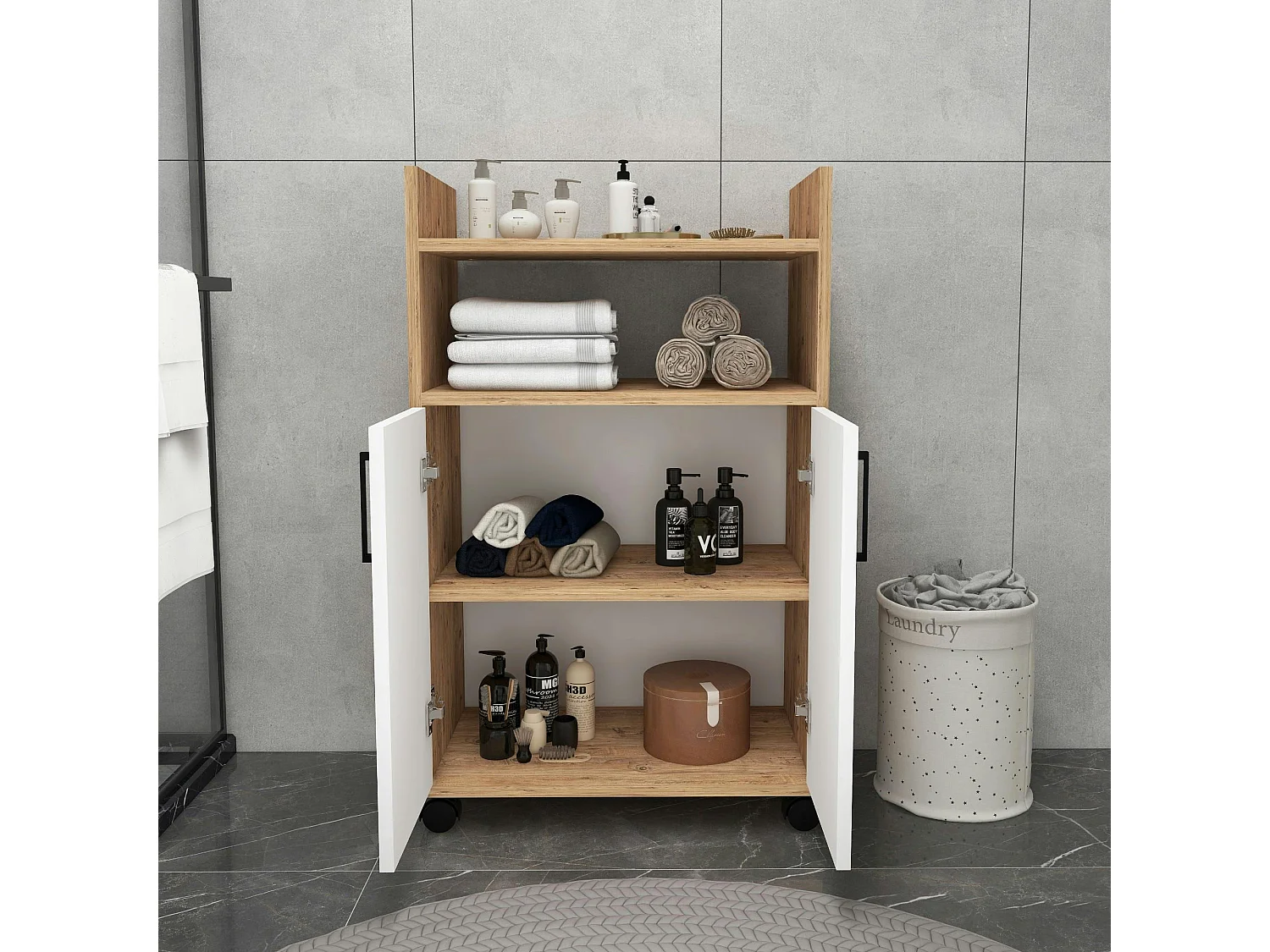 Meuble de rangement sur roulettes 2 portes blanches MARFA