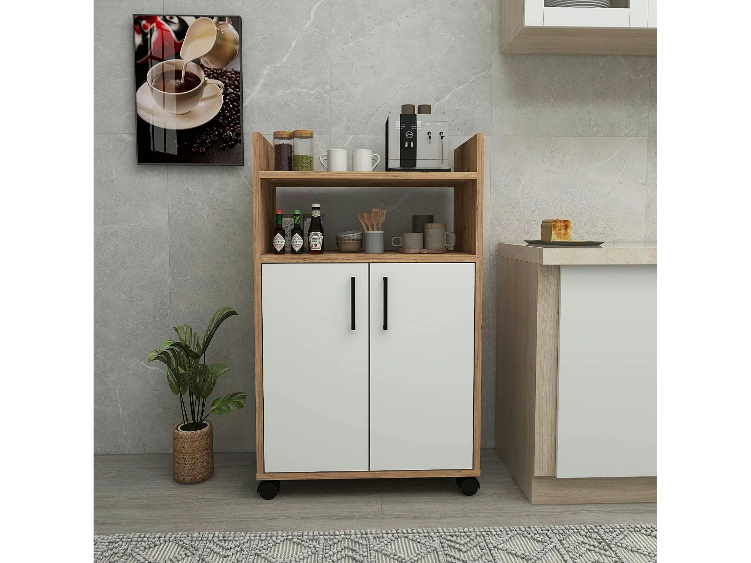 Meuble de rangement sur roulettes 2 portes blanches MARFA