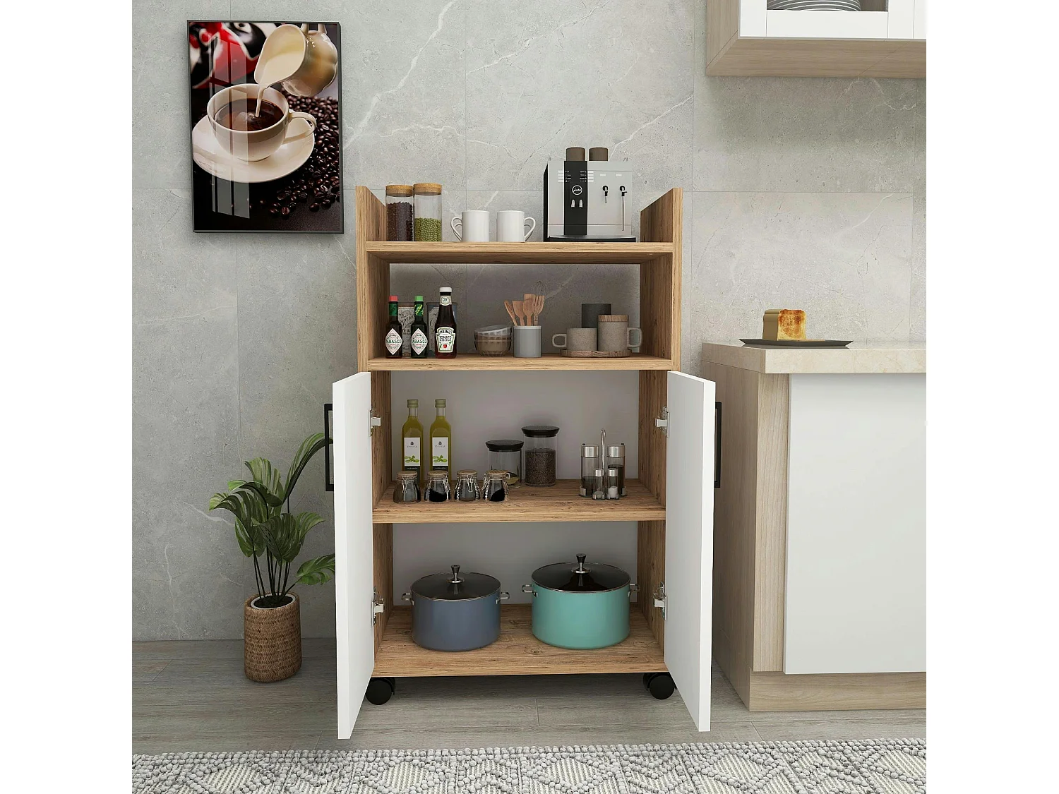 Meuble de rangement sur roulettes 2 portes blanches MARFA