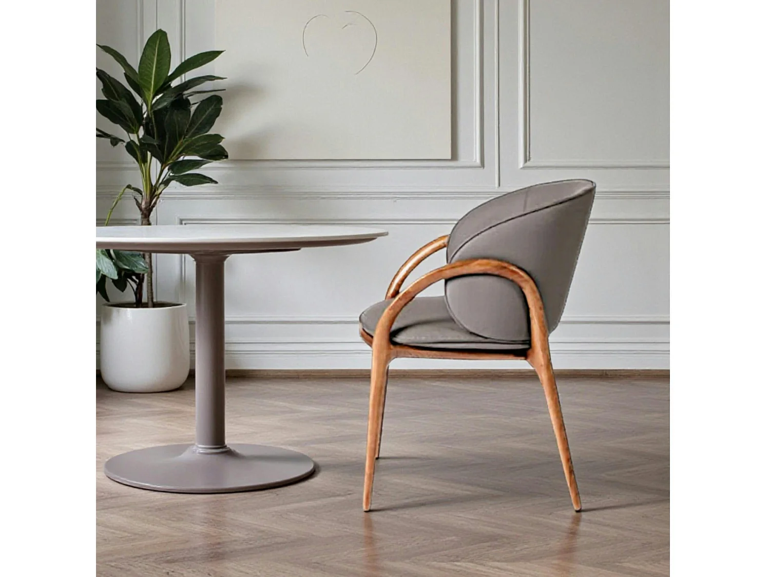 Chaise en cuir gris foncé dos rond accoudoirs bois brun ALDER