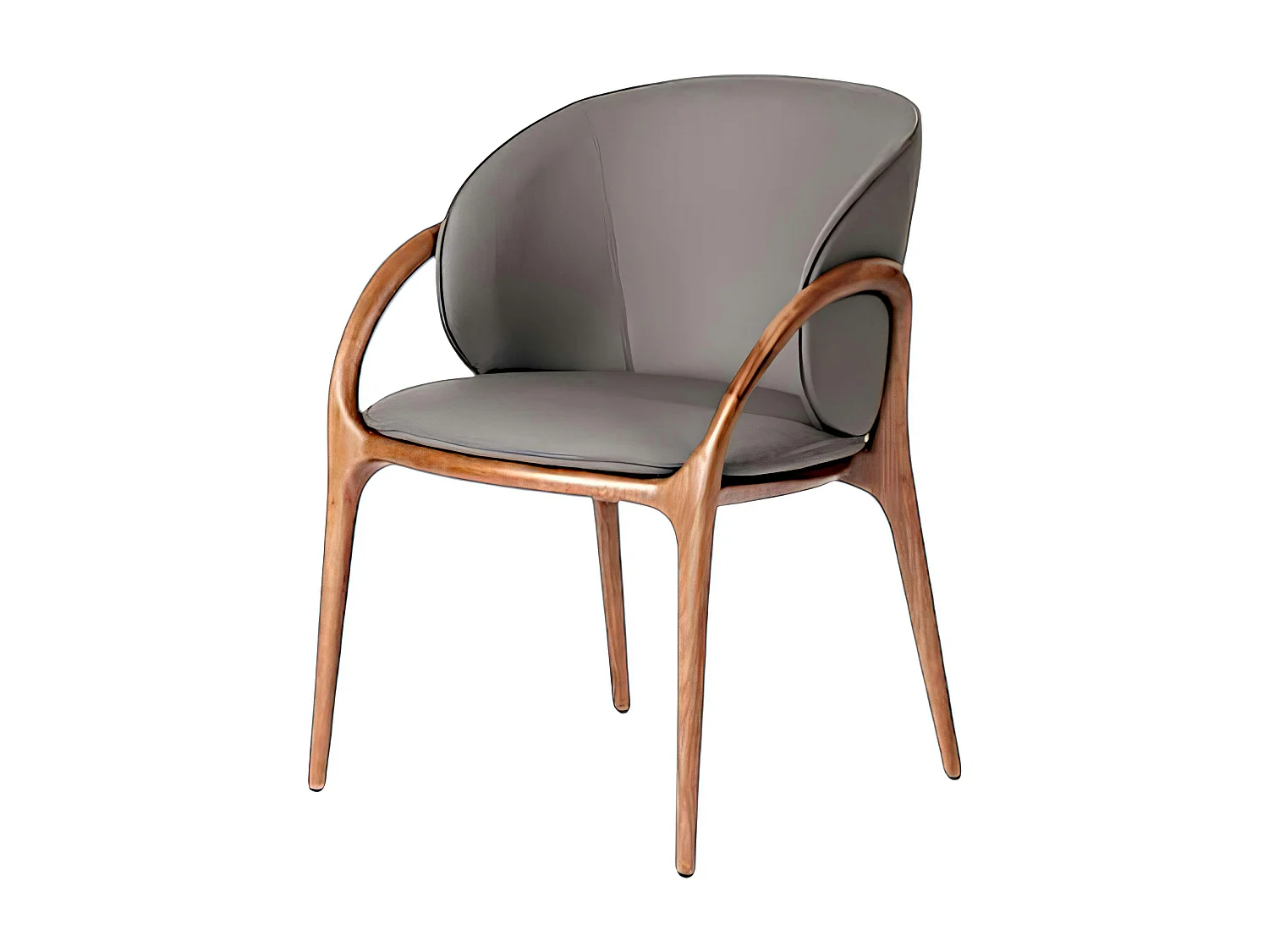 Chaise en cuir gris foncé dos rond accoudoirs bois brun ALDER