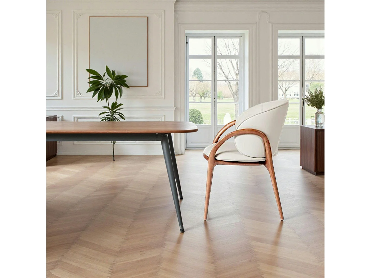 Chaise en cuir gris clair dos rond accoudoirs bois brun ALDER