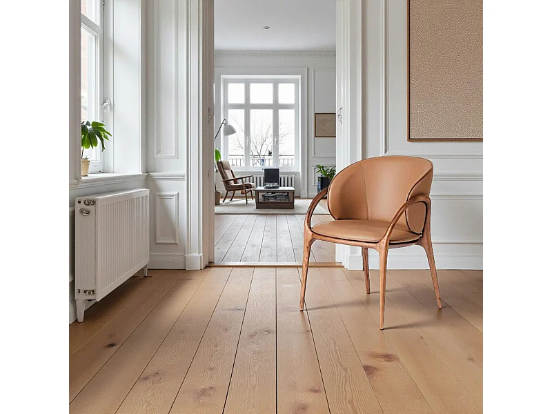 Chaise en cuir marron dos rond accoudoirs bois brun ALDER