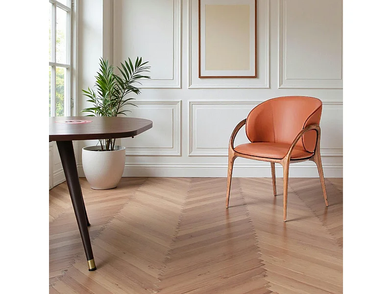 Chaise en cuir terracotta dos rond accoudoirs bois brun ALDER