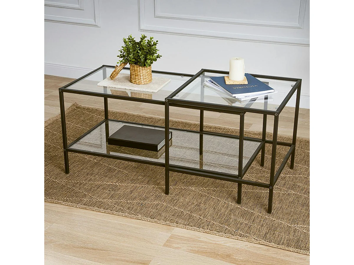 Table basse gigogne en verre à cadre noir (lot de 2) TULUM