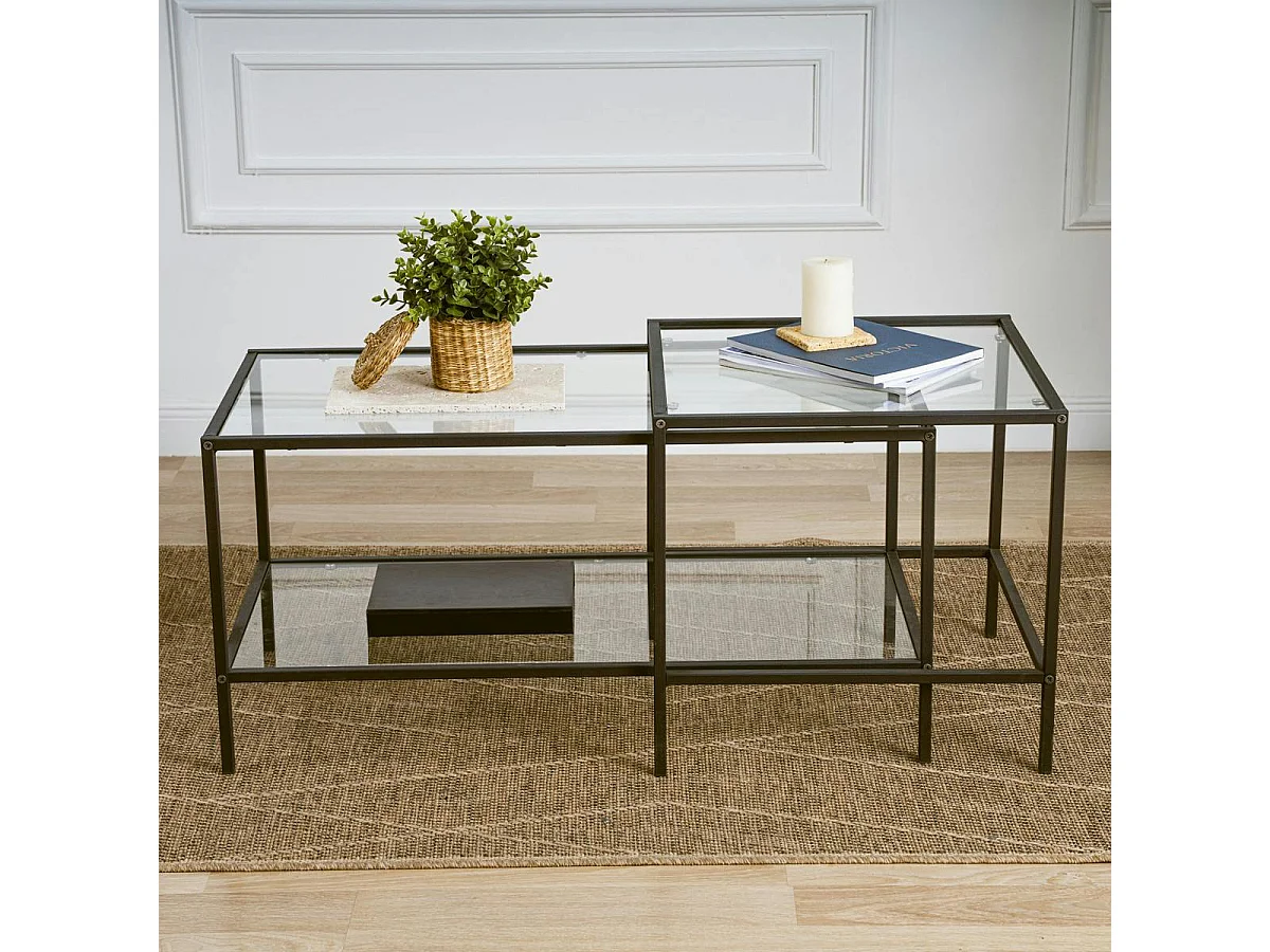 Table basse gigogne en verre à cadre noir (lot de 2) TULUM