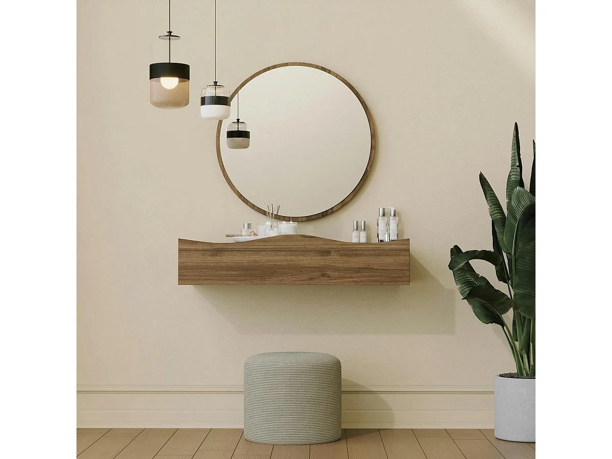 Coiffeuse murale effet bois foncé avec miroir, 2 tiroirs MARFA
