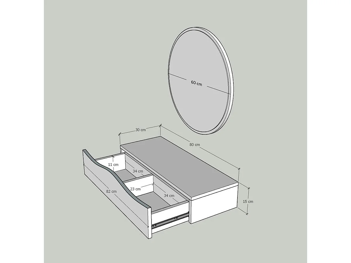 Coiffeuse murale effet bois foncé avec miroir, 2 tiroirs MARFA
