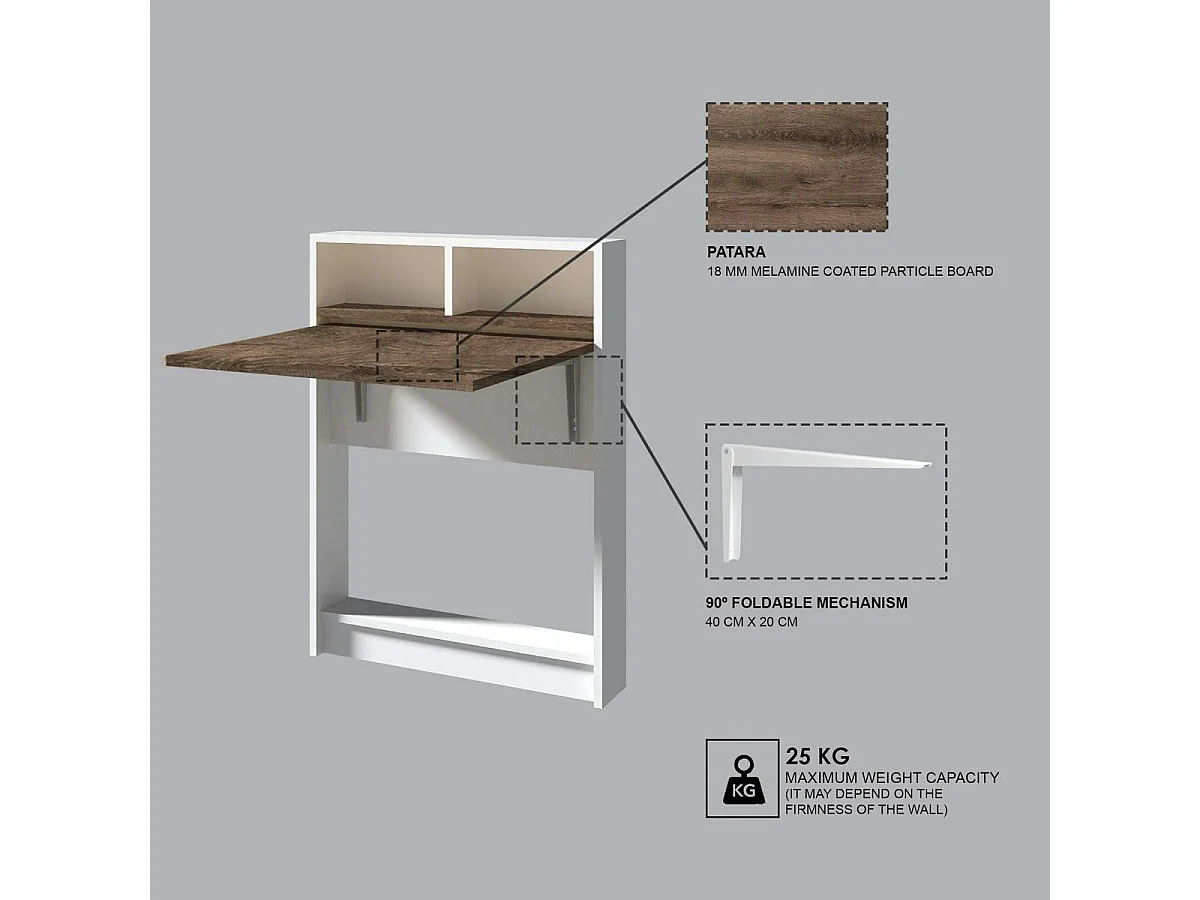 Table murale pliante effet bois foncé avec niches MARFA