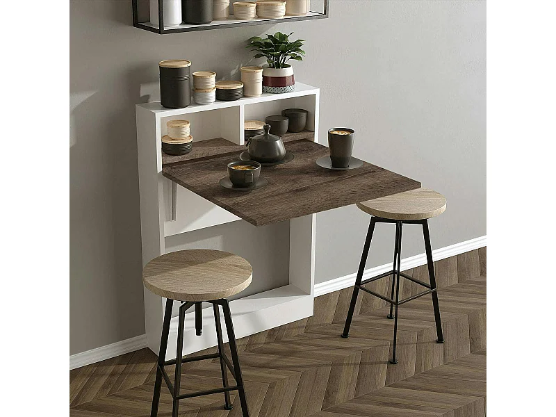 Table murale pliante effet bois foncé avec niches MARFA