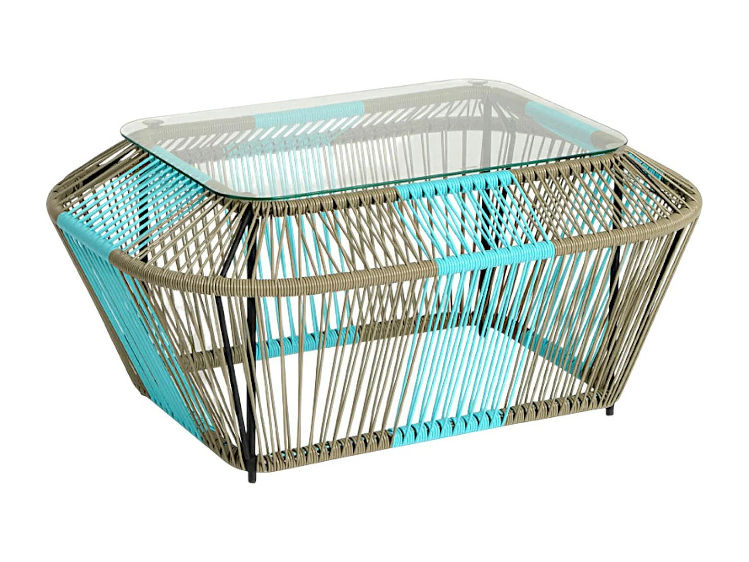 Table basse rectangulaire en métal et verre, turquoise et naturel 88x60x40cm